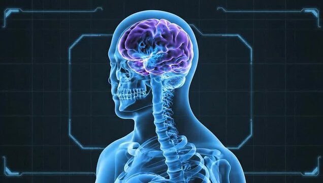 Rotating 3D transparent skull with glowing brain