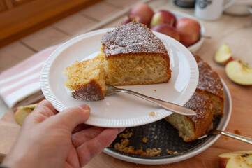 A piece of easy and fluffy apple sponge cake fresh and homemade bake on a plate