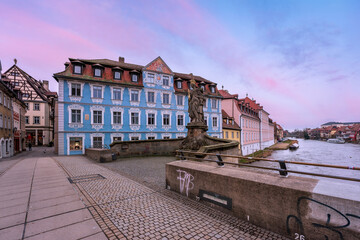 View of the Regnitz River and the old town of Bamberg in Germany,