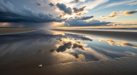 Dramatic Sunset Sky with Golden Sunrays and Cloud Reflections on a Pristine Beach