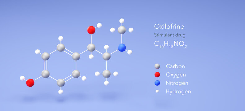 oxilofrine molecule, molecular structure, stimulant drug 3d model, Structural Chemical Formula and Atoms with Color Coding