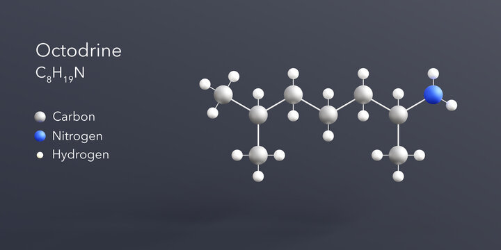 octodrine molecule 3d rendering, flat molecular structure with chemical formula and atoms color coding