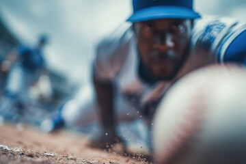 Intense action shot of baseball player sliding into base, focus on the ball and dust, blurred baseball player face, competitive sports, game day excitement.