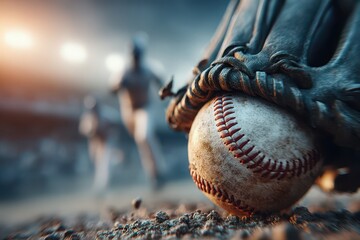 A close-up shot capturing a baseball nestled within a glove on the ground, with players blurred in the background during an exciting baseball game on field.