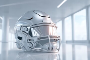 Fototapeta premium A gleaming chrome football helmet, standing out with its futuristic design and sleek look, reflecting light in the bright modern space, evoking strength.