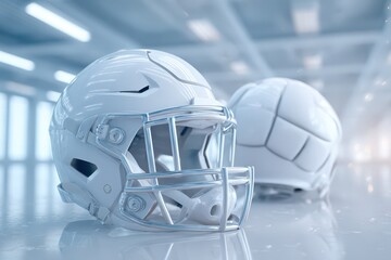 A detailed close-up of a white American football helmet, showcasing its intricate design and protective features, with a matching ball in the background.