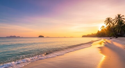 Golden Tropical Beach Sunset with Palm Trees and Gentle Ocean Waves