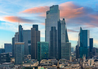 Fototapeta premium City of London skyscrapers at sunrise seen from top of St. Paul's cathedral, UK