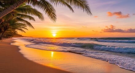 Golden Tropical Beach Sunset with Palm Trees and Vibrant Ocean Waves