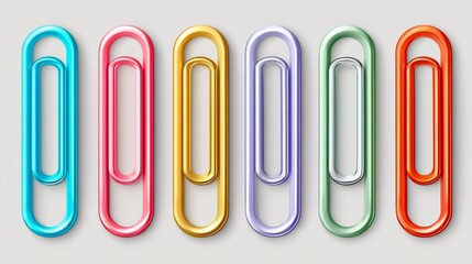 Six colorful, oblong, shiny paperclips arranged horizontally on a white surface
