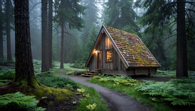 Cozy rustic wooden a frame cabin nestled deep within a misty atmospheric evergreen forest with a winding dirt path leading to its glowing entrance - Powered by Adobe