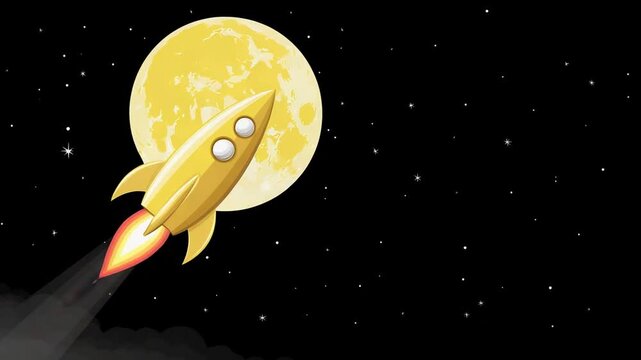 Whimsical Yellow Rocket Blasts Off Towards a Giant Moon in Starry Space.