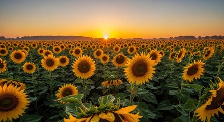 Vast Sunflower Field at Golden Hour Sunset, Natural Agricultural Landscape