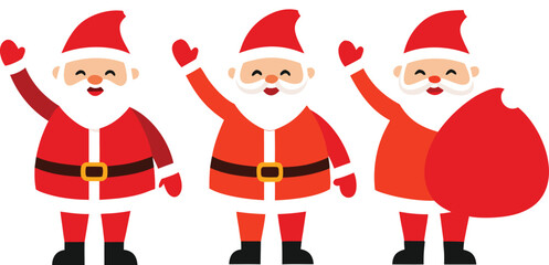 Three cheerful cartoon santa claus characters waving, festive mood