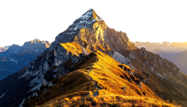 Majestic Mountain Peak Bathed in Golden Sunset Light with Clear Sky and Dramatic Landscape