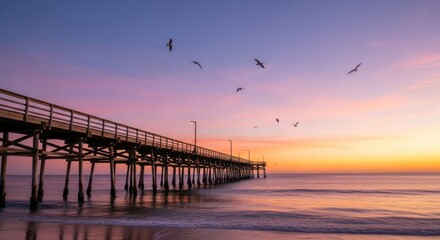 Vibrant Sunrise over Coastal Pier with Flying Birds and Tranquil Ocean
