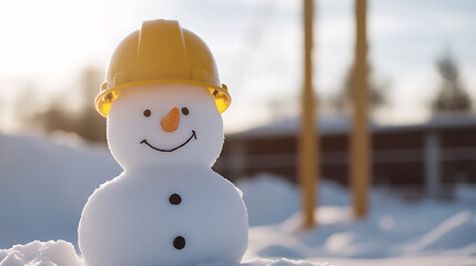 Obraz premium A cheerful snowman sports a yellow hard hat against a sunny winter backdrop. Winter's whimsical construction worker stands tall, a beacon of snowy fun.