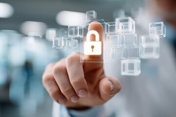 A close-up shot showcasing the concept of digital security and data protection with a glowing padlock, representing network safety on a modern interface, enhanced security.