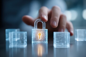 A futuristic security concept depicting a person touching a digital padlock, symbolizing cybersecurity measures, data protection and privacy in the digital age.