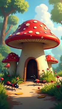 Lukisan rumah jamur di tengah hutan.