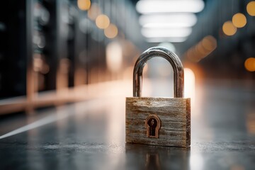 A close-up of a padlock in a server room, symbolizing cybersecurity and data protection, emphasizing the importance of network security and information privacy.