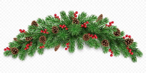 Vector realistic pine tree branches, cones and red berries isolated on a transparent background. Holiday Christmas tree garland for winter decoration banner, poster, greeting card.