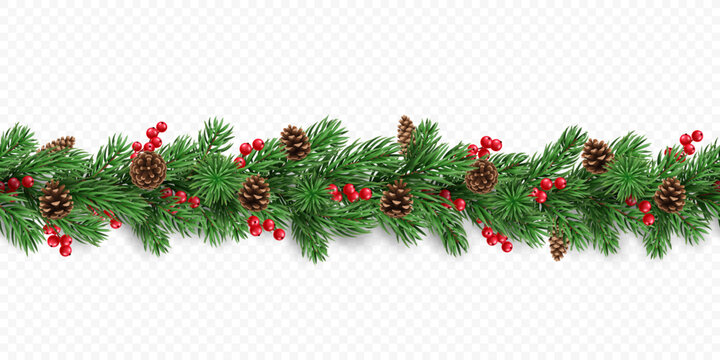 Holiday Christmas tree seamless garland with cones and red berries isolated on a transparent background. Vector realistic pine tree branches border for winter decoration banner, poster, greeting card.