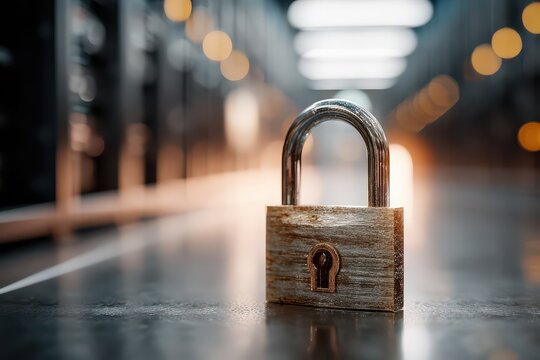 A close-up of a padlock in a server room, symbolizing cybersecurity and data protection, emphasizing the importance of network security and information privacy. - Powered by Adobe
