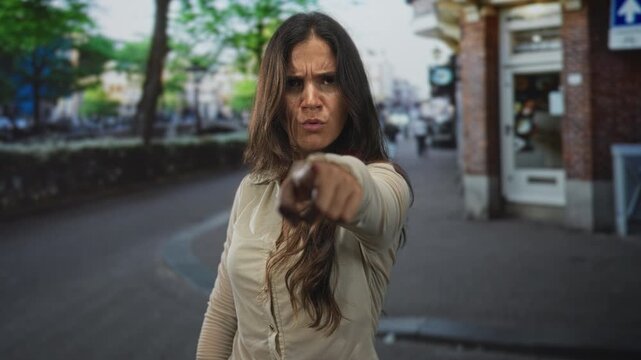 Young woman points finger at camera on a busy city street, stern brow, outstretched hand and pursed lips, waist up framing; anger accusation.
