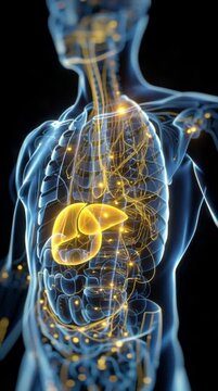 Medical illustration of human internal anatomy with highlighted organs including the liver