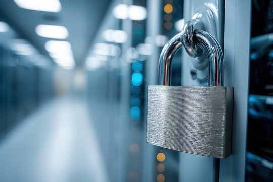 A close-up shot of a silver padlock securing a server rack in a data center, indicating cyber security and data protection with bright blue and yellow lights in the background.