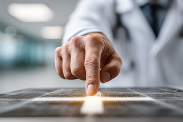 A doctor in a white coat touches a glowing cross symbol on a digital interface, representing medical technology, healthcare innovation, and modern medicine solutions.
