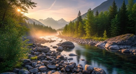 Golden Sunset Over Misty Mountain River with Forested Banks and Rocky Shore