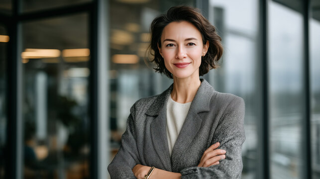 Modern business woman standing in front of office glass partition, arms crossed, polished corporate outfit, natural light reflecting off metal and glass surfaces