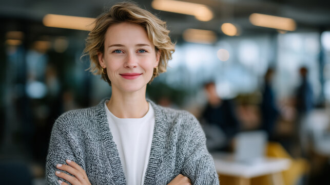 Confident business woman standing with arms crossed in a contemporary office environment, neutral tones, subtle bokeh of coworkers in background, symbolizing leadership and authori