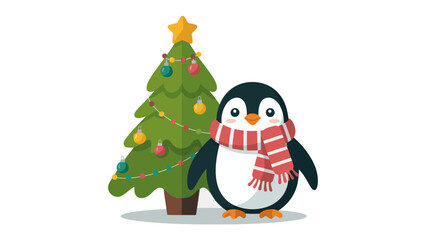 Penguin's Christmas Cheer: A cute penguin stands proudly beside a festively adorned Christmas tree, wrapped in a cozy red and white scarf, embodying the joy and spirit of the holiday season.