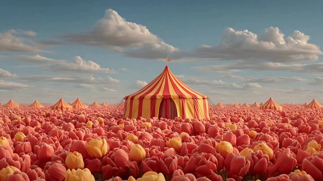 Whimsical Circus Tents Emerge from a Vast Field of Pink and Yellow Tulips.