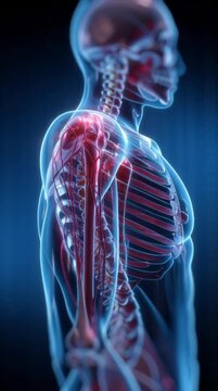 3D visualization of human shoulder skeleton in blue and red tones anatomy