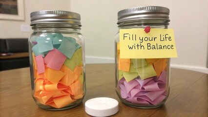 Two glass jars filled with colorful notes for inspiration and reflection