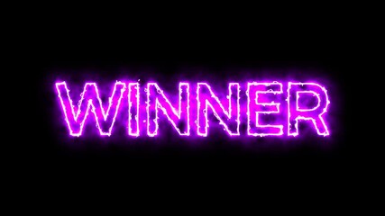 Glowing purple neon “Winner” text appears on black background, bright futuristic 3D animation for gaming, arcade, cyberpunk, victory screens and digital design projects. - Powered by Adobe