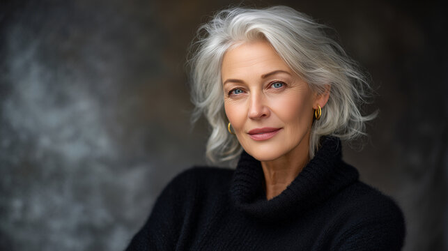 Glamorous silver-haired woman in black clothing, standing confidently under diffused studio light, subtle highlights accentuating her timeless beauty and self-assured presence