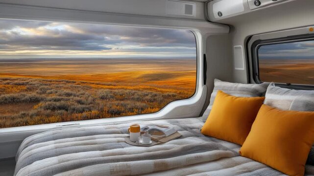 Relax and enjoy stunning sunset views from a cozy bed set against a vast, golden landscape filled with natural beauty