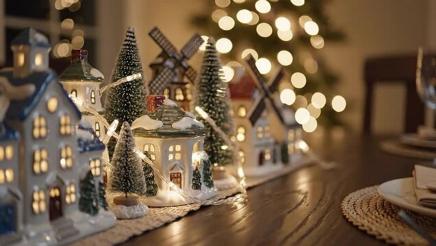 Slow pan of Christmas table centerpiece with miniature village