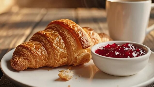 Slow push-in on croissant and coffee breakfast plate