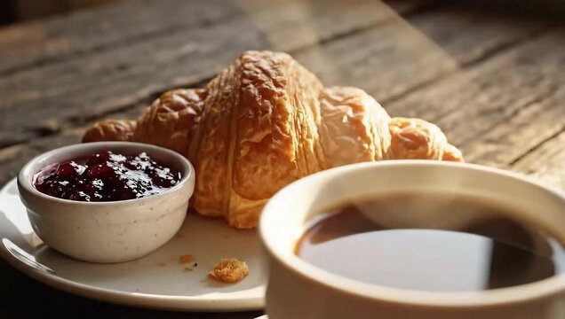 Slow push-in on croissant and coffee breakfast plate