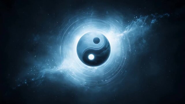 Ethereal Yin Yang Symbol Radiates Energy in Deep Space Nebula.