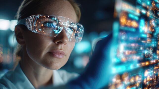European Female Scientist Using Holographic Interface in Futuristic Lab