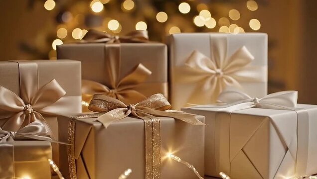 Slow rotation of neutral holiday gift boxes with lights