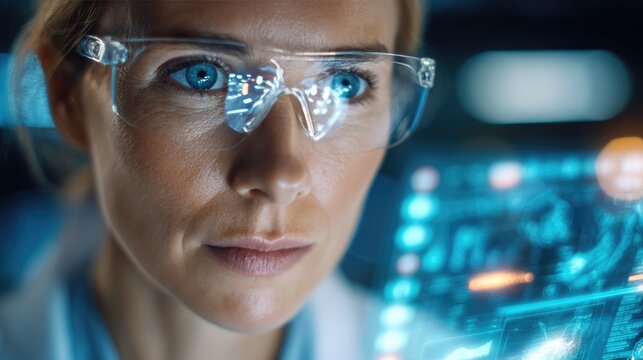 European Female Scientist Using Holographic Interface in Futuristic Lab - Powered by Adobe