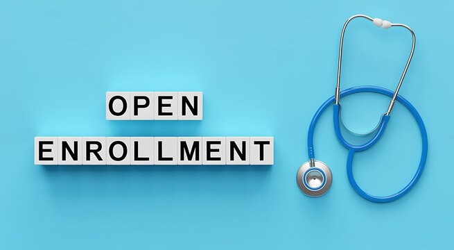 Healthcare open enrollment concept with stethoscope glasses medical mask pills notepad and pencil on a blue background